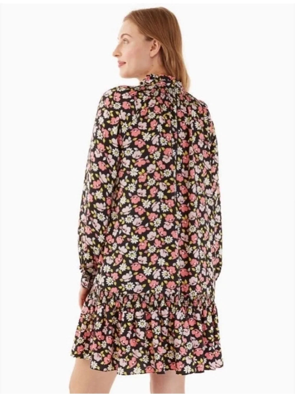 kate spade Black Floral Smocked Neck Dress with Pink & White Flowers